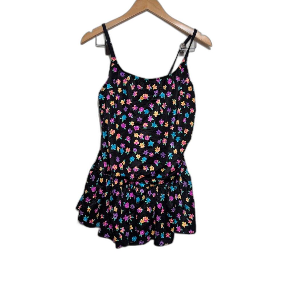 Vintage Women's Swimsuit One Piece Swimdress 80s floral neon modest Swim 22W
